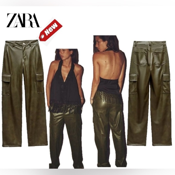 Zara Olive Green Vegan Faux Leather High Rise Straight Leg Cargo Pants 12 NWOT - Picture 10 of 10